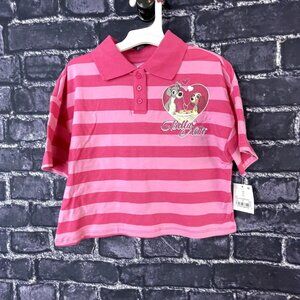 Disney XS 4 / 5 Lady &Tramp Cropped Printed Polo Top Pink Striped Collar
